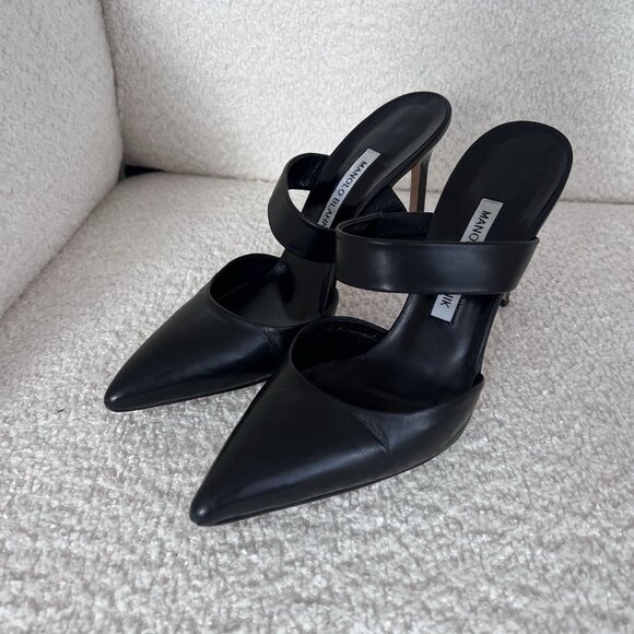 MANOLO BLAHNIK SUSA 105 Black Leather Mules Heels Pumps - Picture 2 of 5